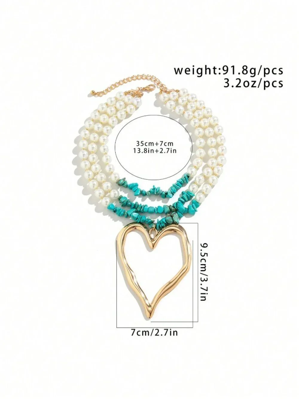 Multicolor Boho Women's Necklace with Turquoise Faux Pearl Heart Pendant